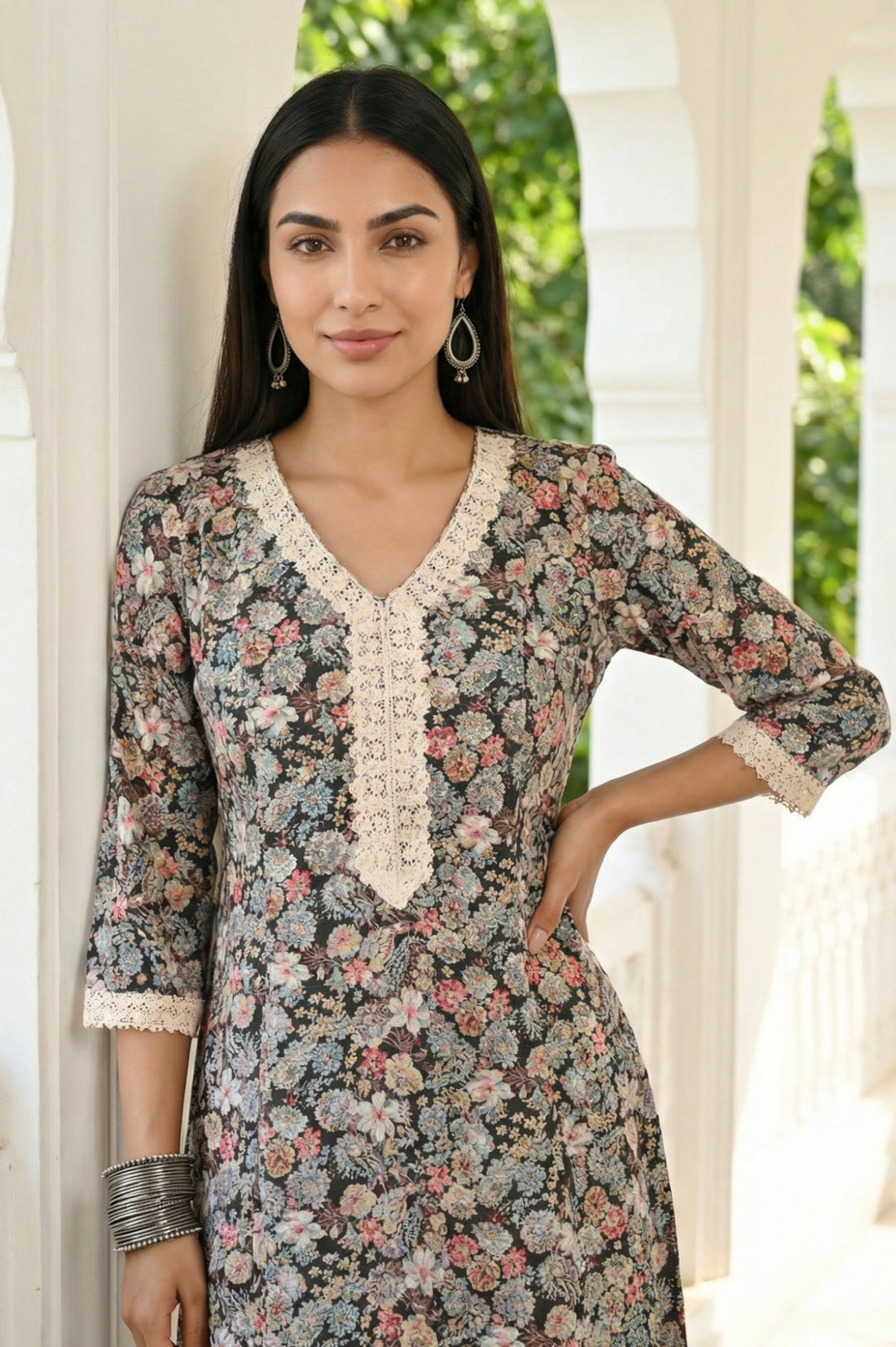 Black Floral Printed Rayon Straight Kurta with Palazzo Co-ord Set
