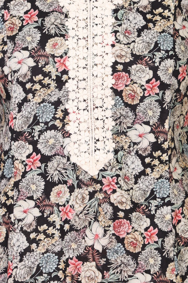 Black Floral Printed Rayon Straight Kurta with Palazzo Co-ord Set