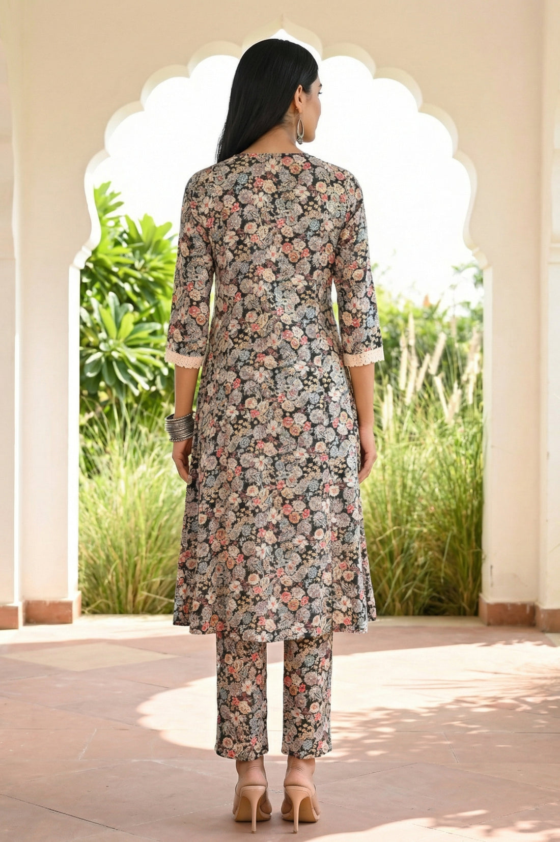 Black Floral Printed Rayon Straight Kurta with Palazzo Co-ord Set