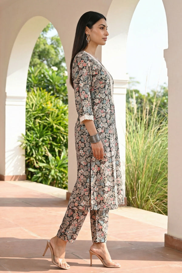Black Floral Printed Rayon Straight Kurta with Palazzo Co-ord Set