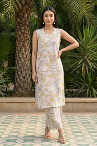 White Paisley Printed Rayon Sleeveless Straight Kurta with Palazzo Co-ord Set