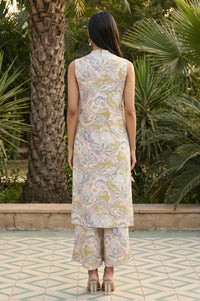 White Paisley Printed Rayon Sleeveless Straight Kurta with Palazzo Co-ord Set