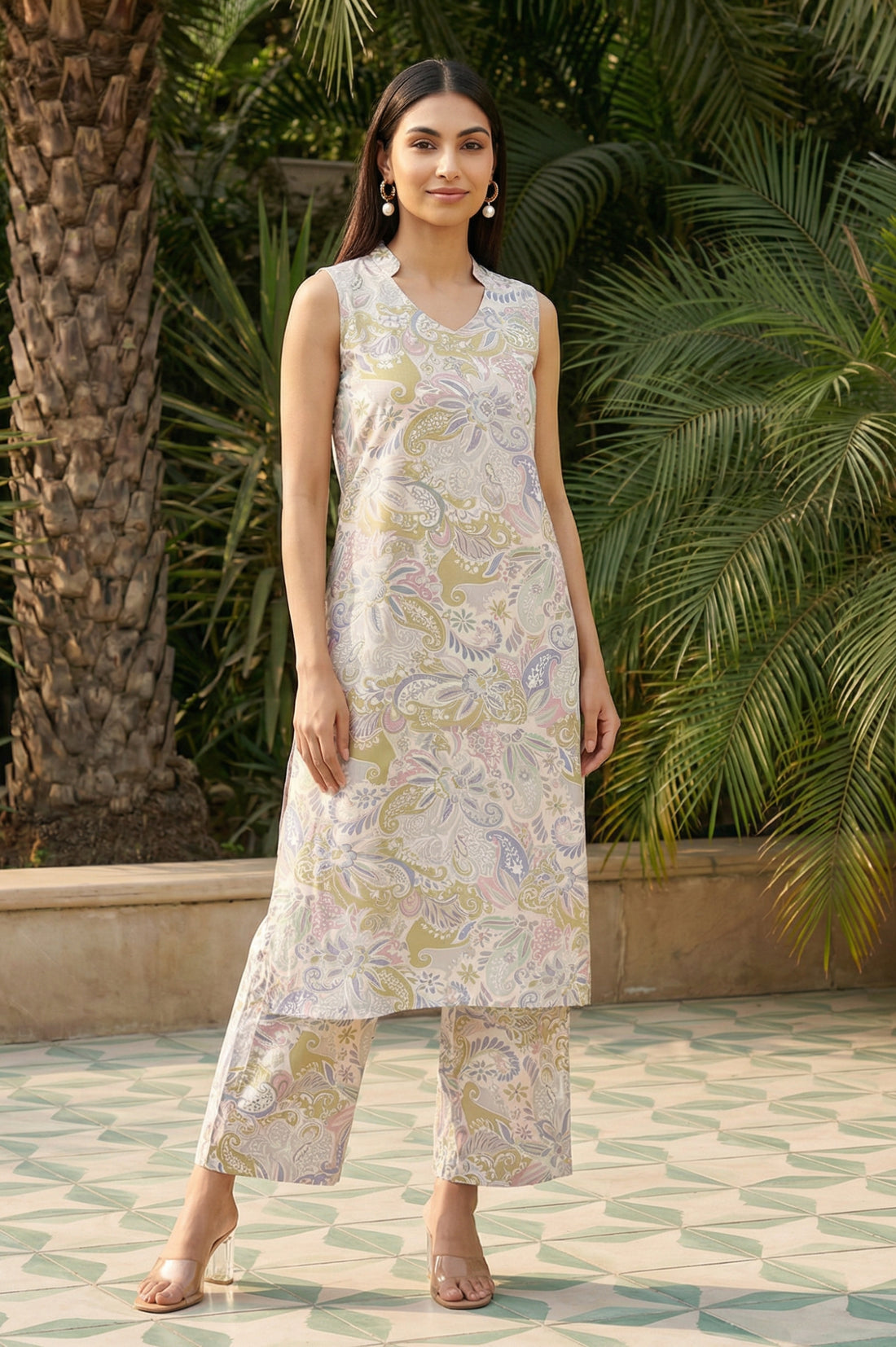 White Paisley Printed Rayon Sleeveless Straight Kurta with Palazzo Co-ord Set