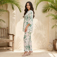 White Floral Printed Pure Cotton Straight Top and Trouser Co-ord Set