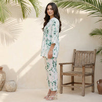 White Floral Printed Pure Cotton Straight Top and Trouser Co-ord Set
