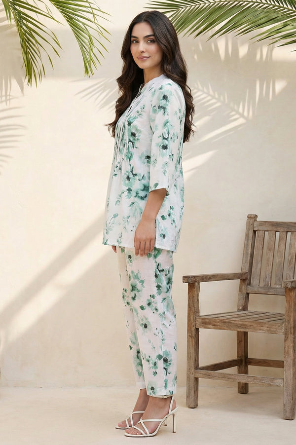 White Floral Printed Pure Cotton Straight Top and Trouser Co-ord Set