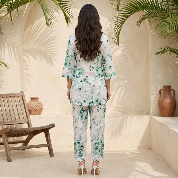White Floral Printed Pure Cotton Straight Top and Trouser Co-ord Set