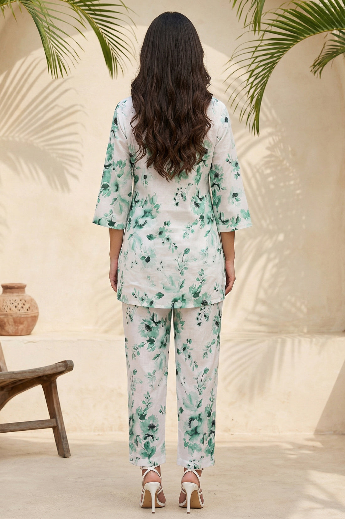 White Floral Printed Pure Cotton Straight Top and Trouser Co-ord Set