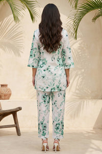 White Floral Printed Pure Cotton Straight Top and Trouser Co-ord Set