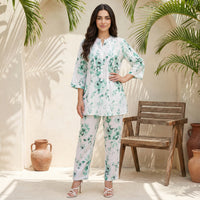 White Floral Printed Pure Cotton Straight Top and Trouser Co-ord Set