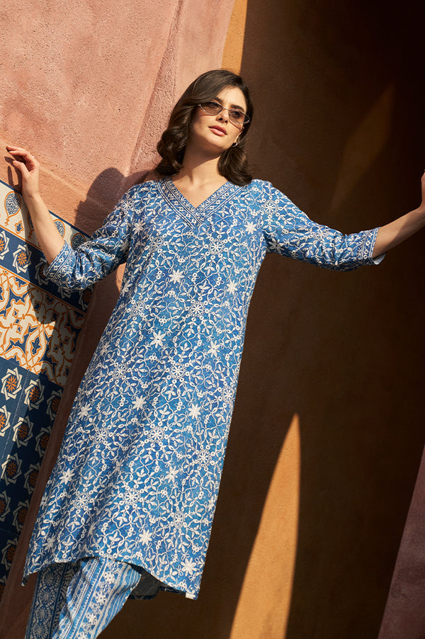 Blue Floral Printed Straight Kurta and Palazzo Set