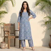 Blue Floral Printed Straight Kurta and Palazzo Set