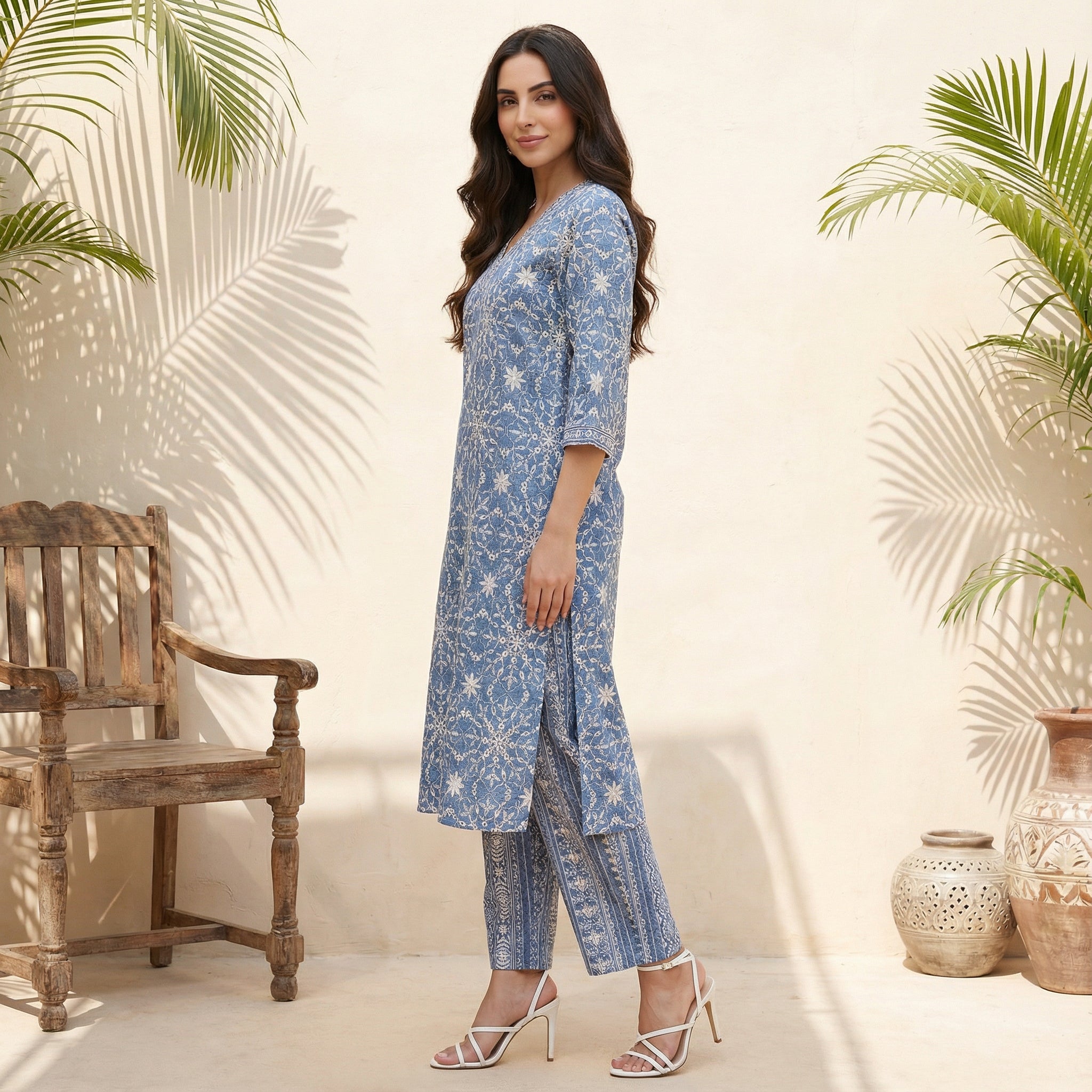 Buy Blue Floral Printed Straight Kurta and Palazzo Set Online for