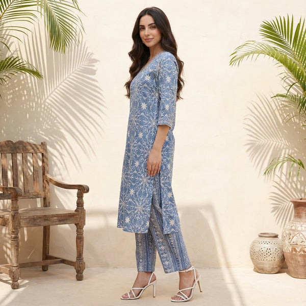 Blue Floral Printed Straight Kurta and Palazzo Set
