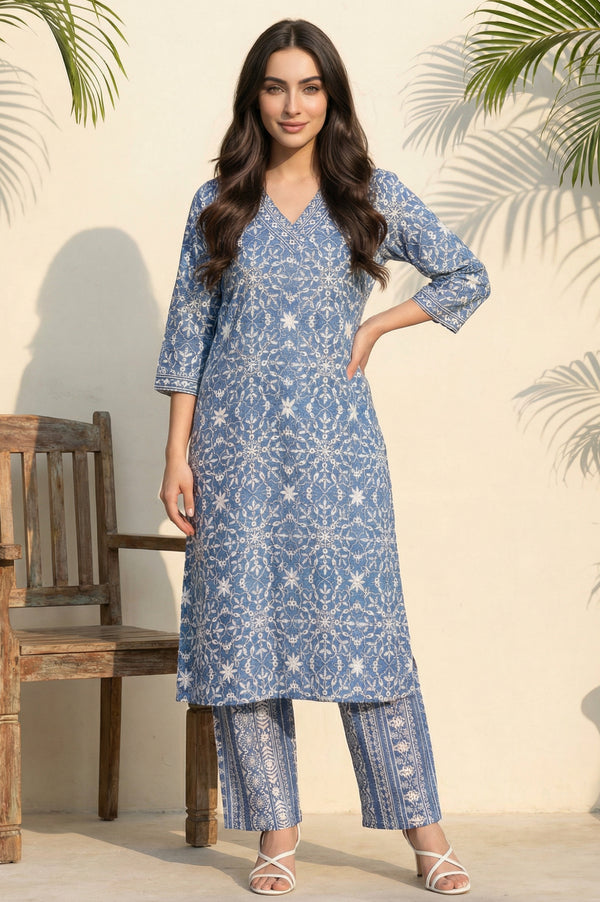 Blue Floral Printed Straight Kurta and Palazzo Set