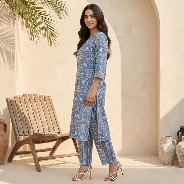 Blue Floral Printed Straight Kurta and Palazzo Set