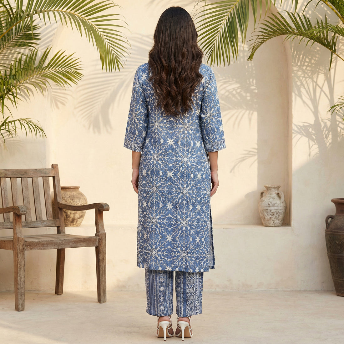 Blue Floral Printed Straight Kurta and Palazzo Set