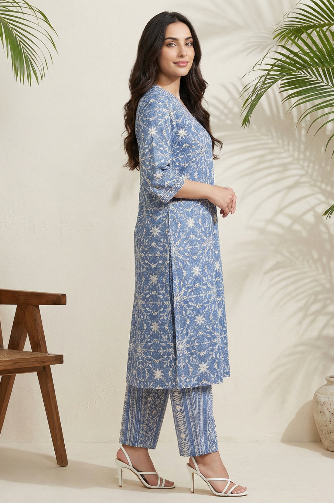 Blue Floral Printed Straight Kurta and Palazzo Set