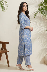 Blue Floral Printed Straight Kurta and Palazzo Set