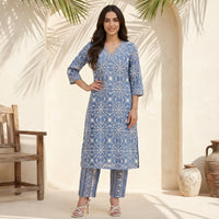 Blue Floral Printed Straight Kurta and Palazzo Set