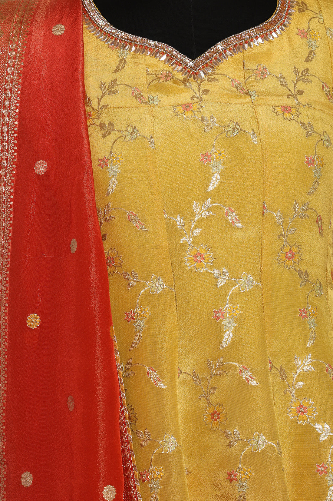 Yellow Floral Printed Zari Work Jacquard Anarkali Kurta with Palazzo and Dupatta Set