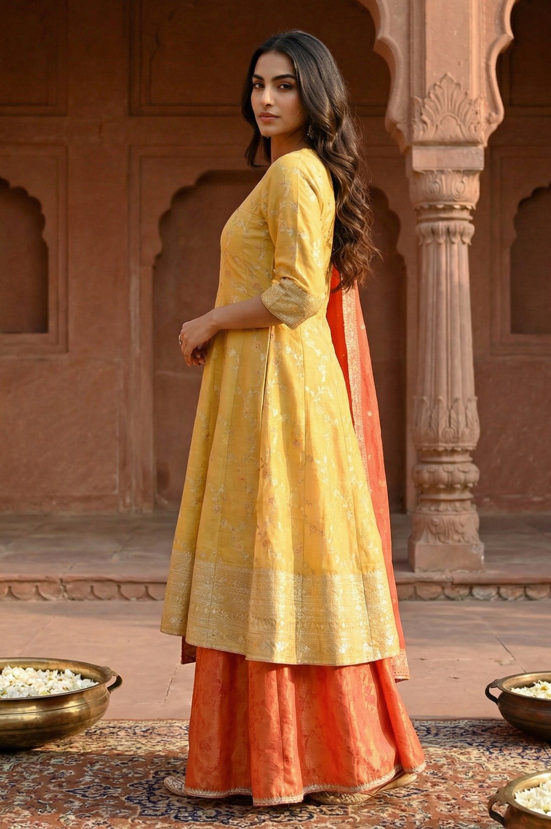Yellow Floral Printed Zari Work Jacquard Anarkali Kurta with Palazzo and Dupatta Set