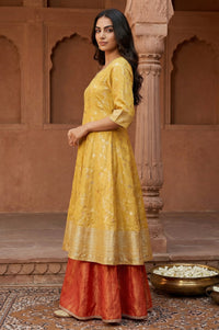 Yellow Floral Printed Zari Work Jacquard Anarkali Kurta with Palazzo and Dupatta Set