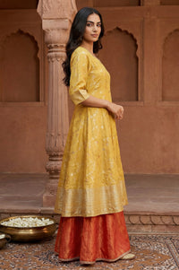 Yellow Floral Printed Zari Work Jacquard Anarkali Kurta with Palazzo and Dupatta Set