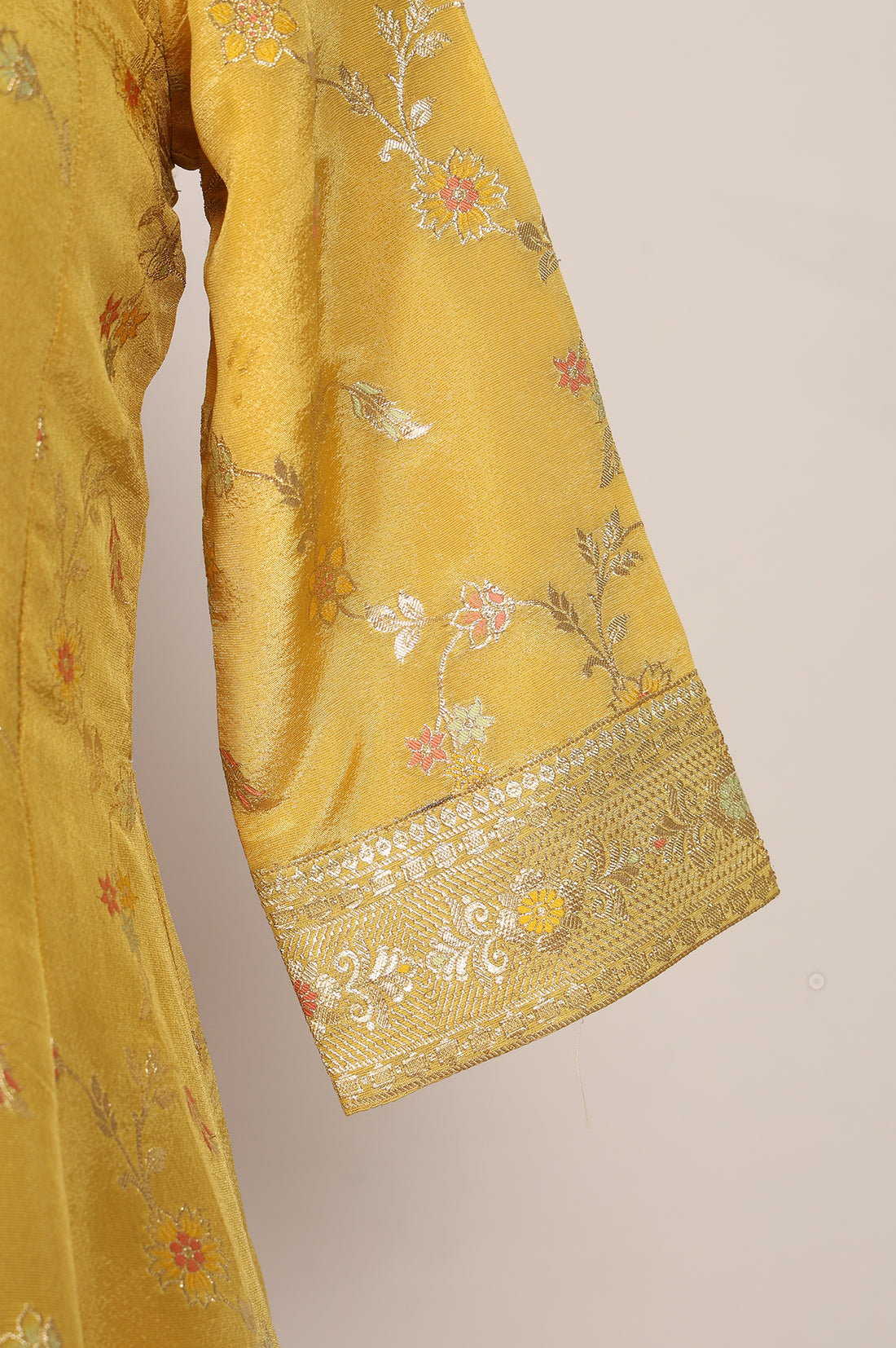 Yellow Floral Printed Zari Work Jacquard Anarkali Kurta with Palazzo and Dupatta Set