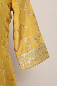 Yellow Floral Printed Zari Work Jacquard Anarkali Kurta with Palazzo and Dupatta Set