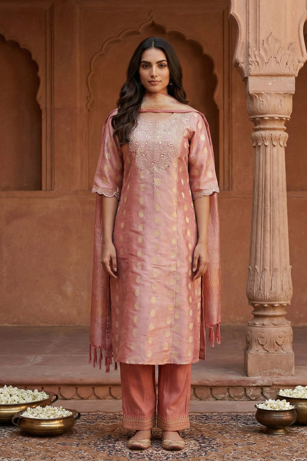 Rose Gold Self Design Sequinned Jacquard Straight Kurta with Trouser and Dupatta Set