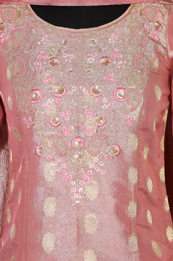 Rose Gold Self Design Sequinned Jacquard Straight Kurta with Trouser and Dupatta Set