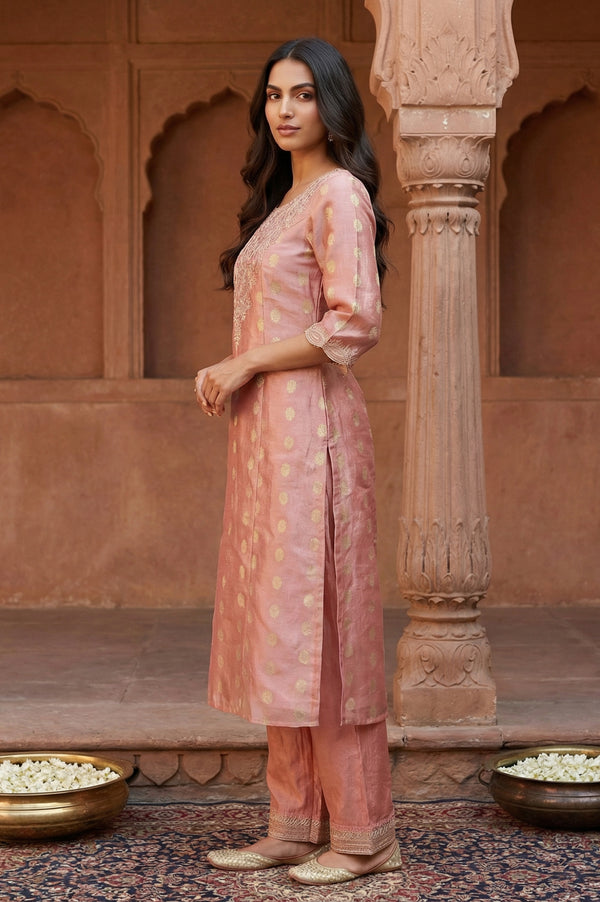 Rose Gold Self Design Sequinned Jacquard Straight Kurta with Trouser and Dupatta Set
