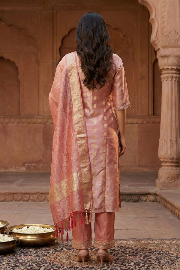 Rose Gold Self Design Sequinned Jacquard Straight Kurta with Trouser and Dupatta Set