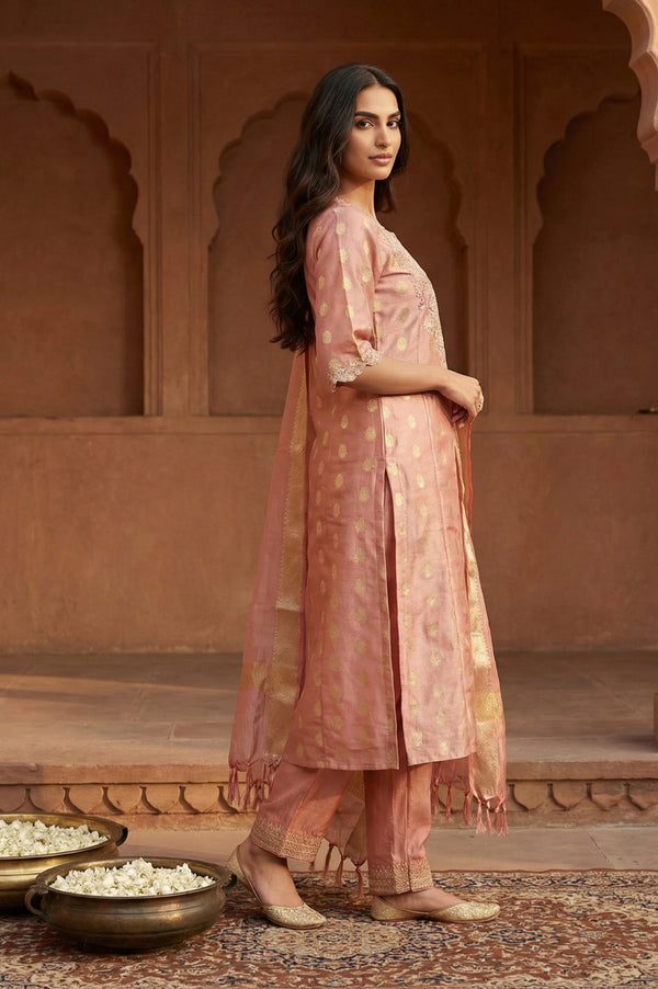 Rose Gold Self Design Sequinned Jacquard Straight Kurta with Trouser and Dupatta Set