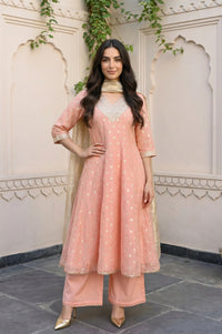 Peach Foil Printed Jacquard Anarkali Kurta with Palazzo and Dupatta Set