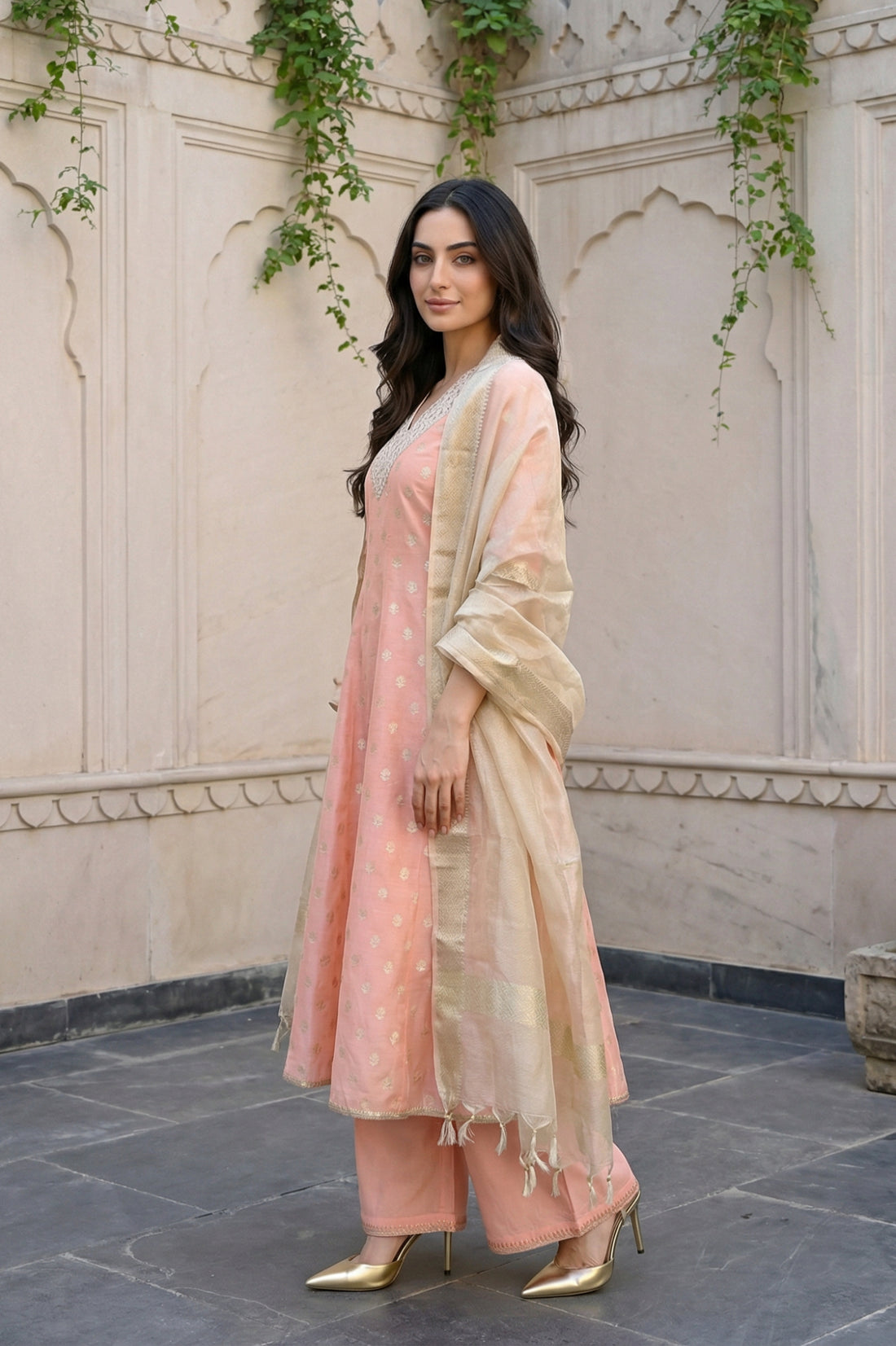 Peach Foil Printed Jacquard Anarkali Kurta with Palazzo and Dupatta Set