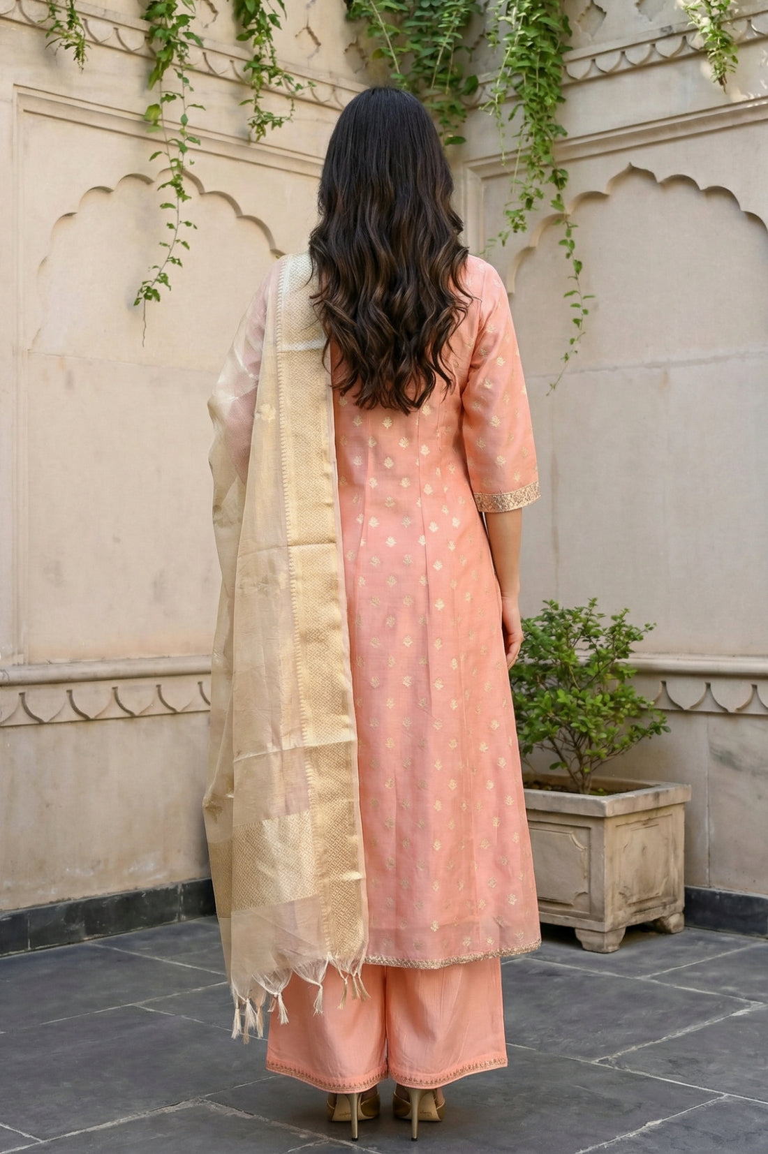 Peach Foil Printed Jacquard Anarkali Kurta with Palazzo and Dupatta Set