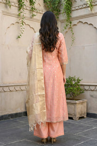 Peach Foil Printed Jacquard Anarkali Kurta with Palazzo and Dupatta Set
