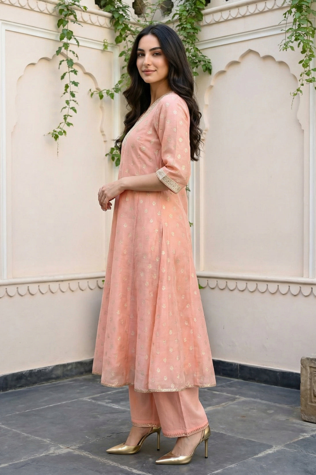 Peach Foil Printed Jacquard Anarkali Kurta with Palazzo and Dupatta Set