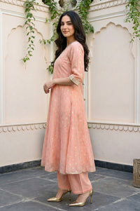 Peach Foil Printed Jacquard Anarkali Kurta with Palazzo and Dupatta Set