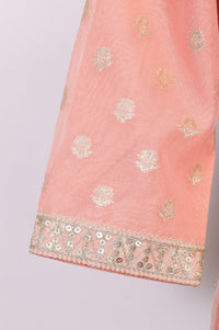 Peach Foil Printed Jacquard Anarkali Kurta with Palazzo and Dupatta Set