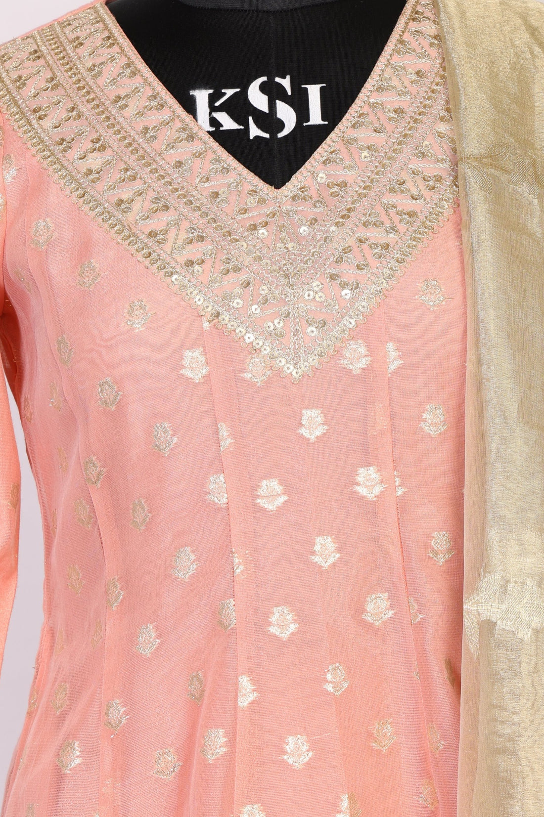 Peach Foil Printed Jacquard Anarkali Kurta with Palazzo and Dupatta Set