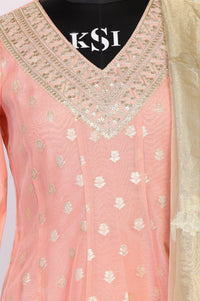 Peach Foil Printed Jacquard Anarkali Kurta with Palazzo and Dupatta Set