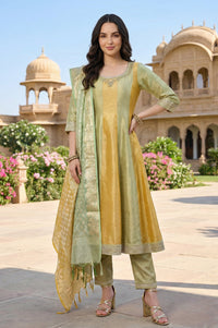 Green and Yellow Colourblocked Zari Tissue Flared Anarkali Kurta with Trousers and Dupatta Set