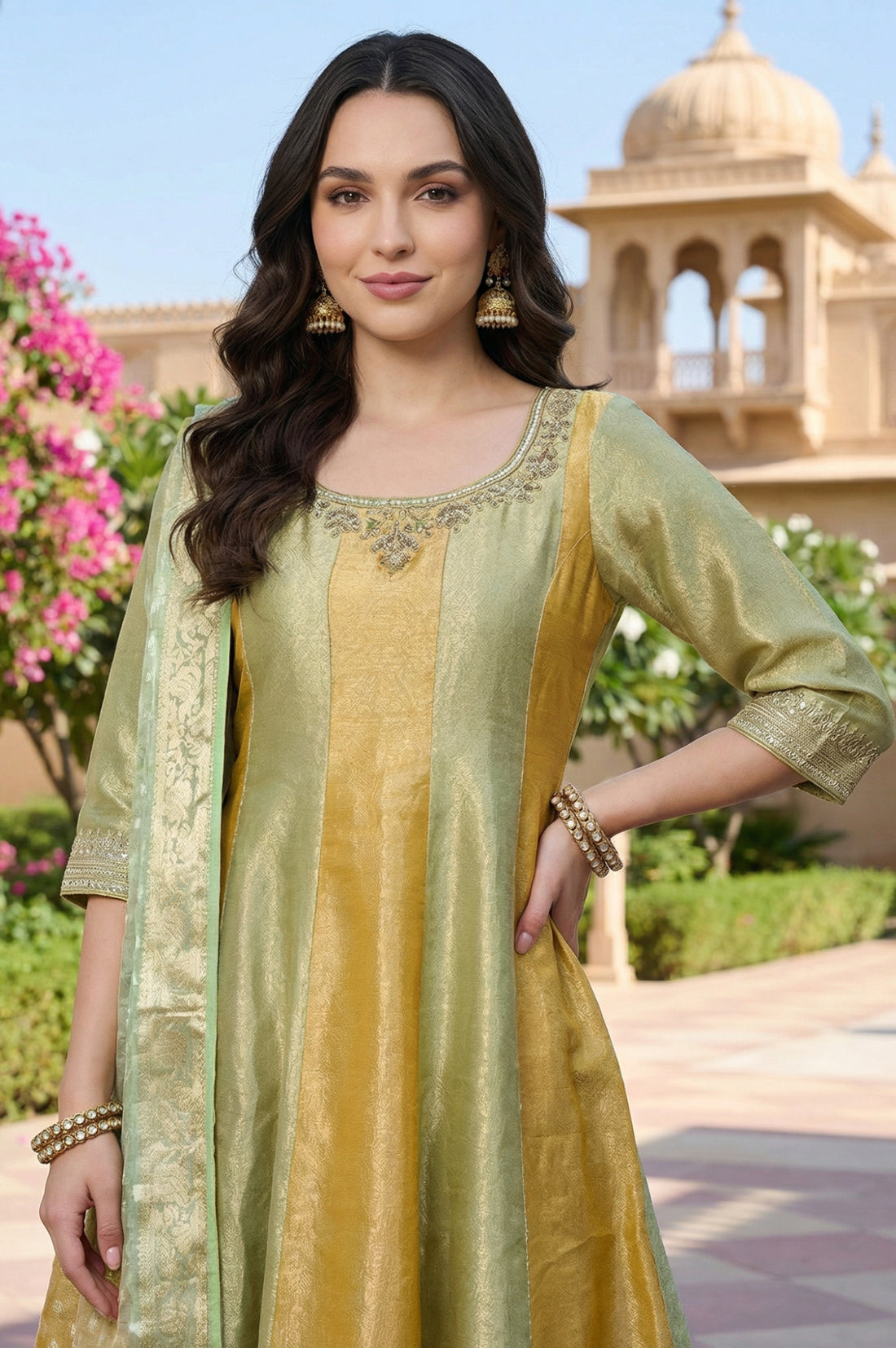 Green and Yellow Colourblocked Zari Tissue Flared Anarkali Kurta with Trousers and Dupatta Set