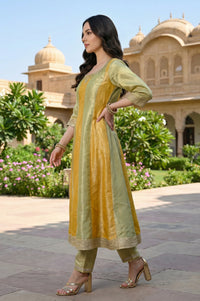 Green and Yellow Colourblocked Zari Tissue Flared Anarkali Kurta with Trousers and Dupatta Set