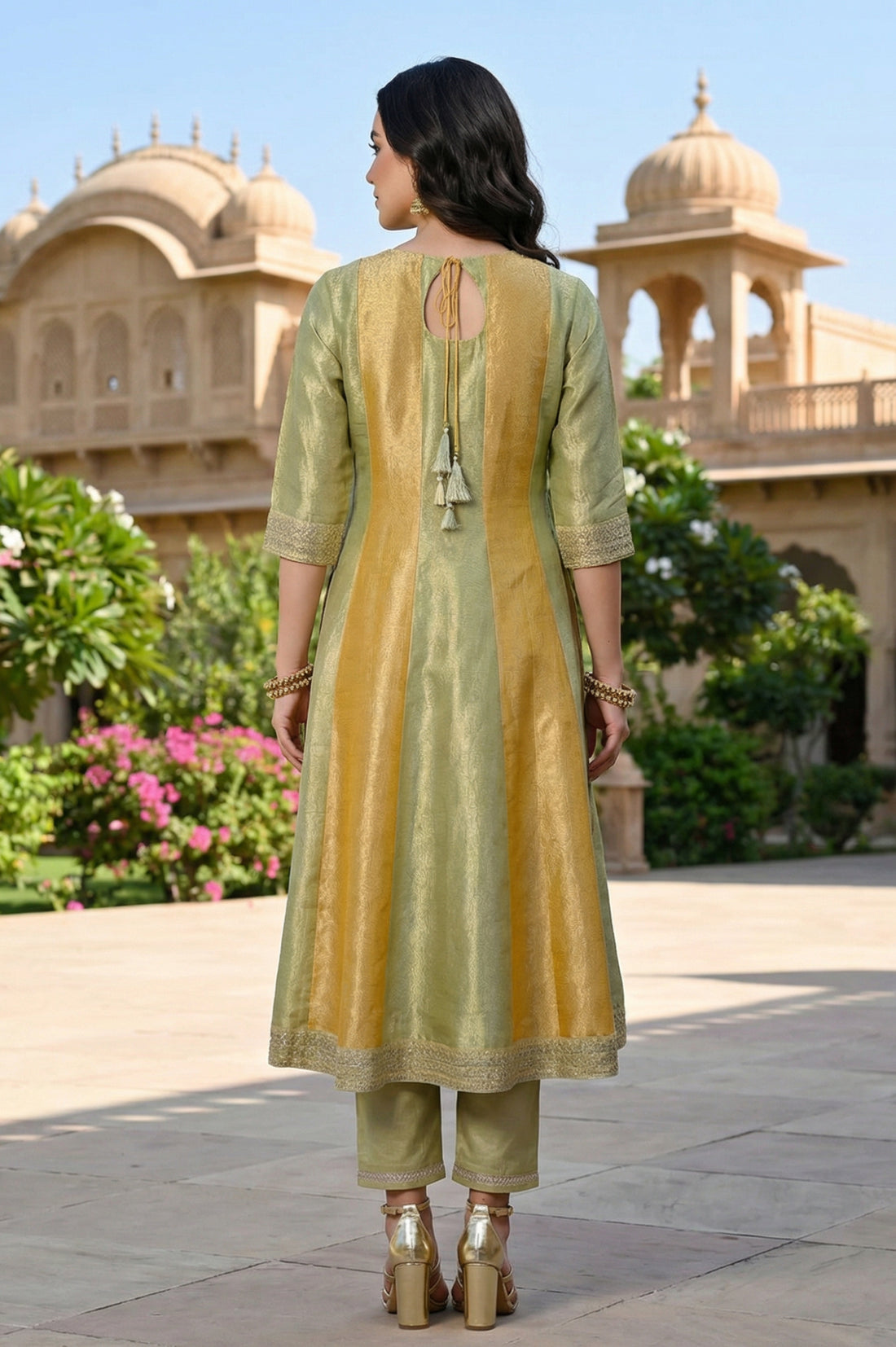Green and Yellow Colourblocked Zari Tissue Flared Anarkali Kurta with Trousers and Dupatta Set