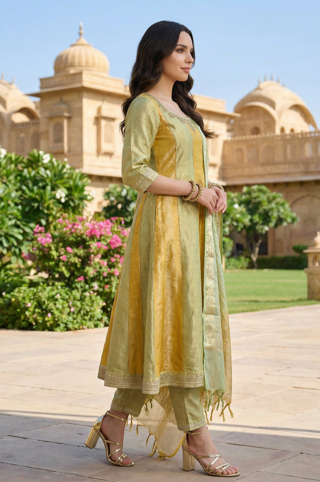 Green and Yellow Colourblocked Zari Tissue Flared Anarkali Kurta with Trousers and Dupatta Set