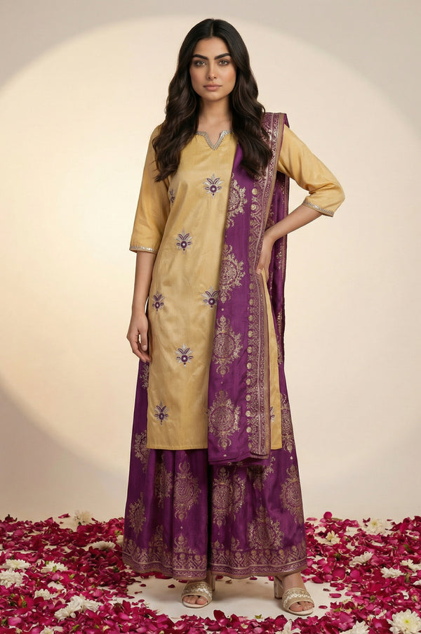 Beige Embroidered Zari Work Straight Kurta with Skirt and Dupatta Set